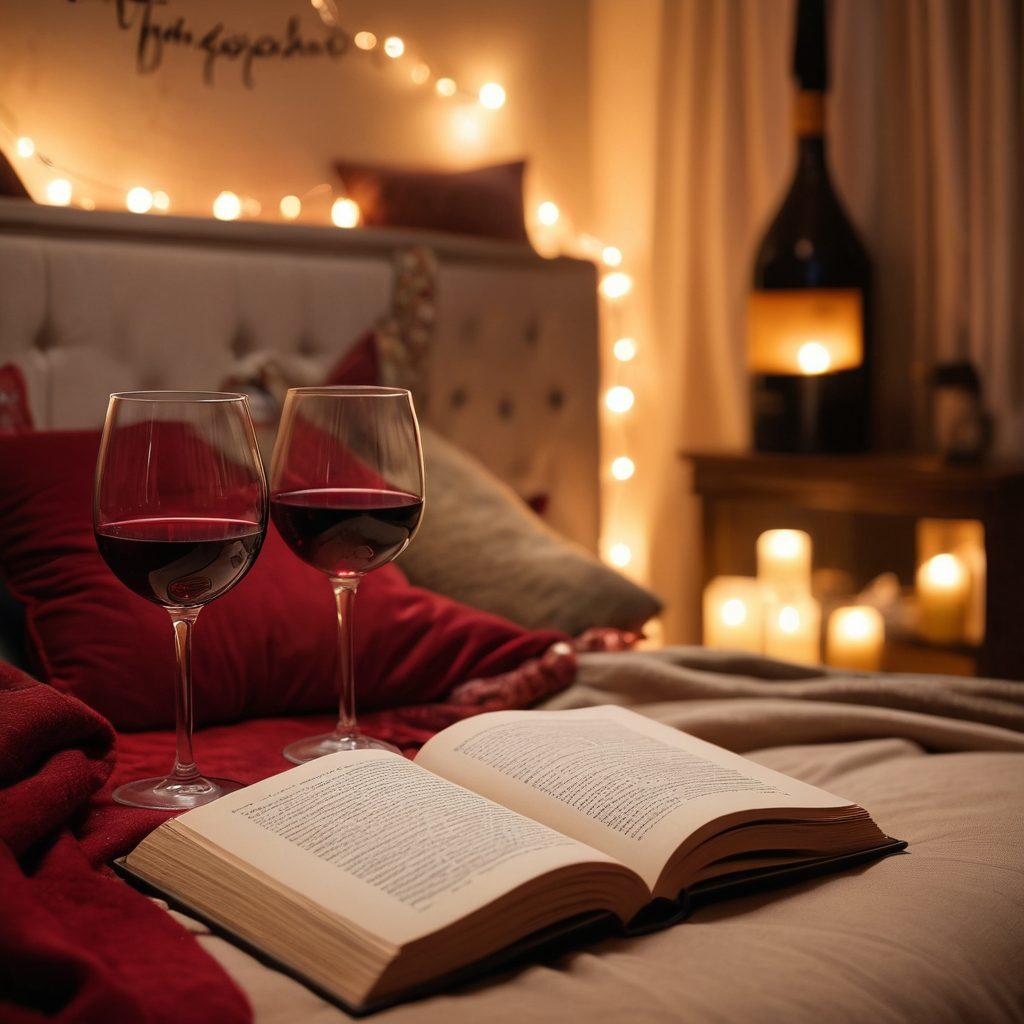 A cozy, dimly-lit room with plush cushions and soft throws, featuring an open book with elegant cursive writings about intimacy and sensuality. A glass of red wine rests nearby, while whimsical fairy lights twinkle in the background. The atmosphere conveys warmth, curiosity, and allure, inviting the viewer to explore deeper themes of adult storytelling. super-realistic. warm colors. soft focus.