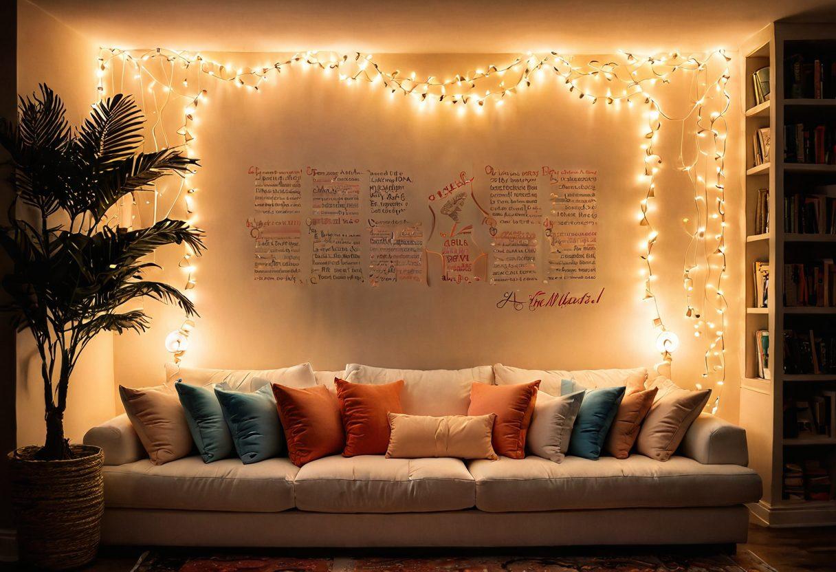 A cozy and inviting reading nook, adorned with plush cushions and soft lighting, showcasing an open book with words flowing out in whimsical shapes and colors. The background features ethereal silhouettes of couples, symbolizing connection and intimacy, surrounded by flowing ribbons of erotic themes. A warm color palette enhances the sensual atmosphere. vibrant colors. dreamy style. soft focus.