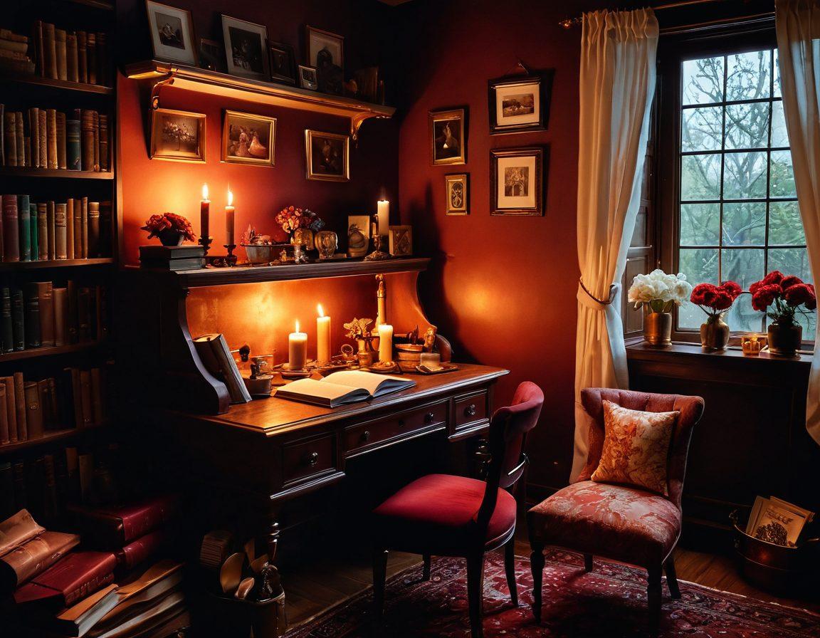 A cozy, inviting writing nook adorned with soft fabrics, dim lighting, and playful decor reflecting sensuality, such as candles, flowers, and opulent textures. A writer, immersed in thought, sits at a vintage wooden desk, surrounded by inspiration: books, art, and romantic imagery. Dreamy colors of deep reds and golds create a warm atmosphere, inviting viewers to embrace pleasure and positivity in their writing. super-realistic. warm tones. soft lighting.